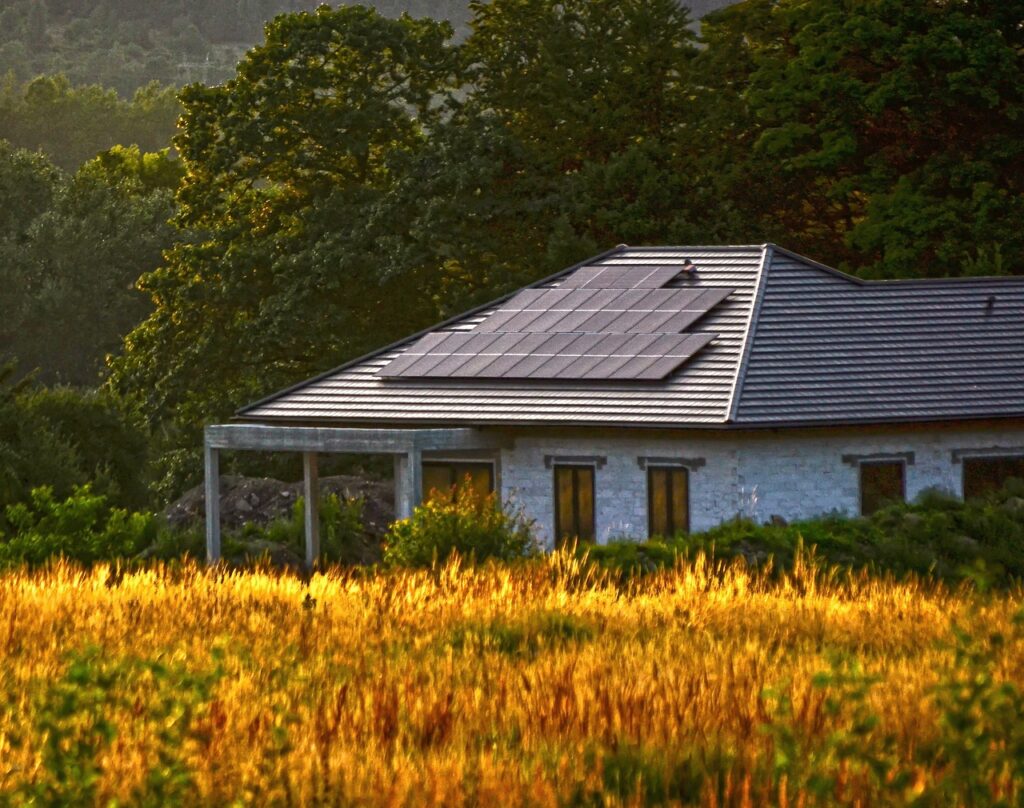 house, grass, sunset